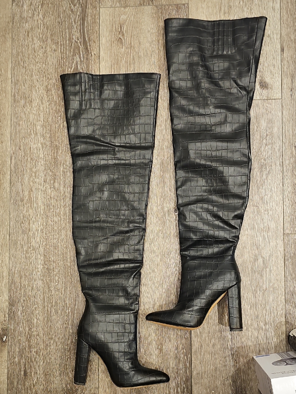 [NEW] Black Croc-Embossed THIGH BOOTS (way over knee) Chunky Heeled Boots SZ 8